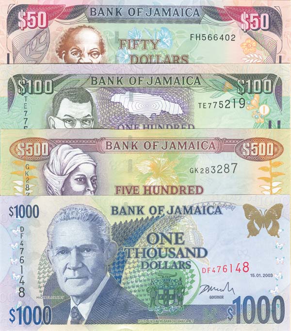 Jamaica - P-79, 76, 80, 81 - $50, 100, 500, 1,000 - 2002-03 dated Foreign Paper Money